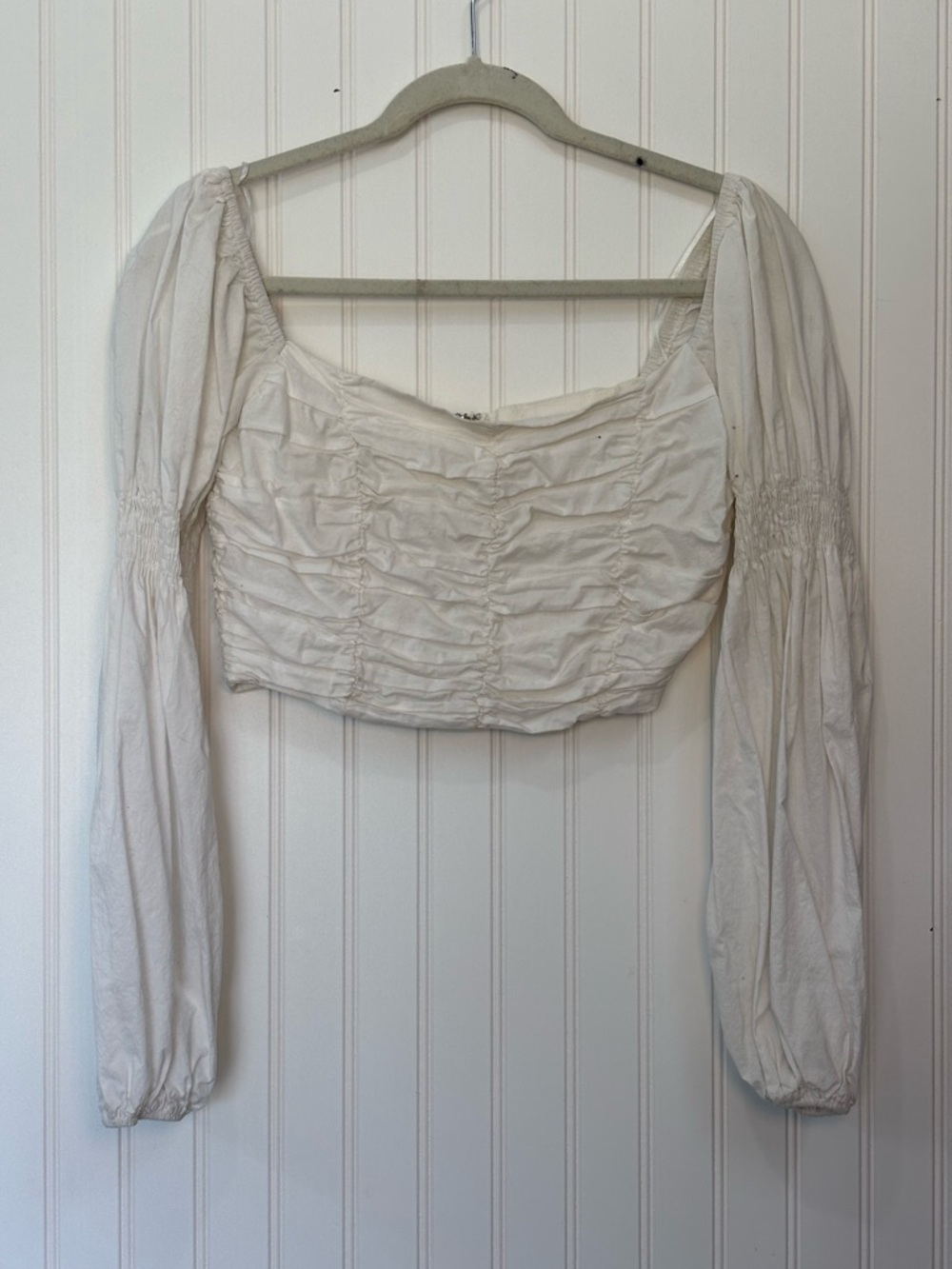 Beige botany White Ruched Long-Sleeve square neck cotton Crop Blouse